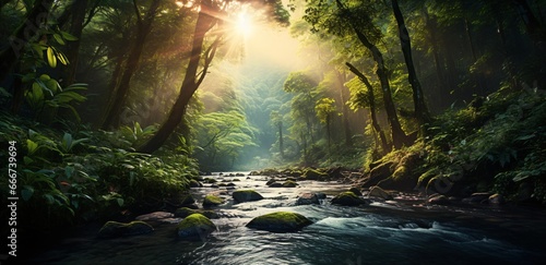 amazon rainforest with tropical vegetation  a creek runs through a mysterious jungle  a mountain stream in a lush green valley