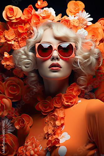 Piękna rudowłosa dziewczyna w pastelowych okularach z kwiatami w tle. 