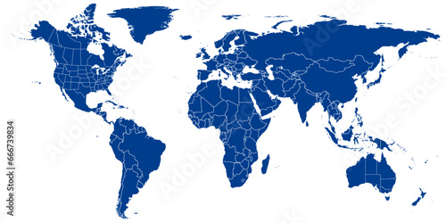 World Map vector. Blue similar world map blank vector on white background. Blue similar world map with borders of all countries, States of USA map, Provinces and territories of Canada and States and
