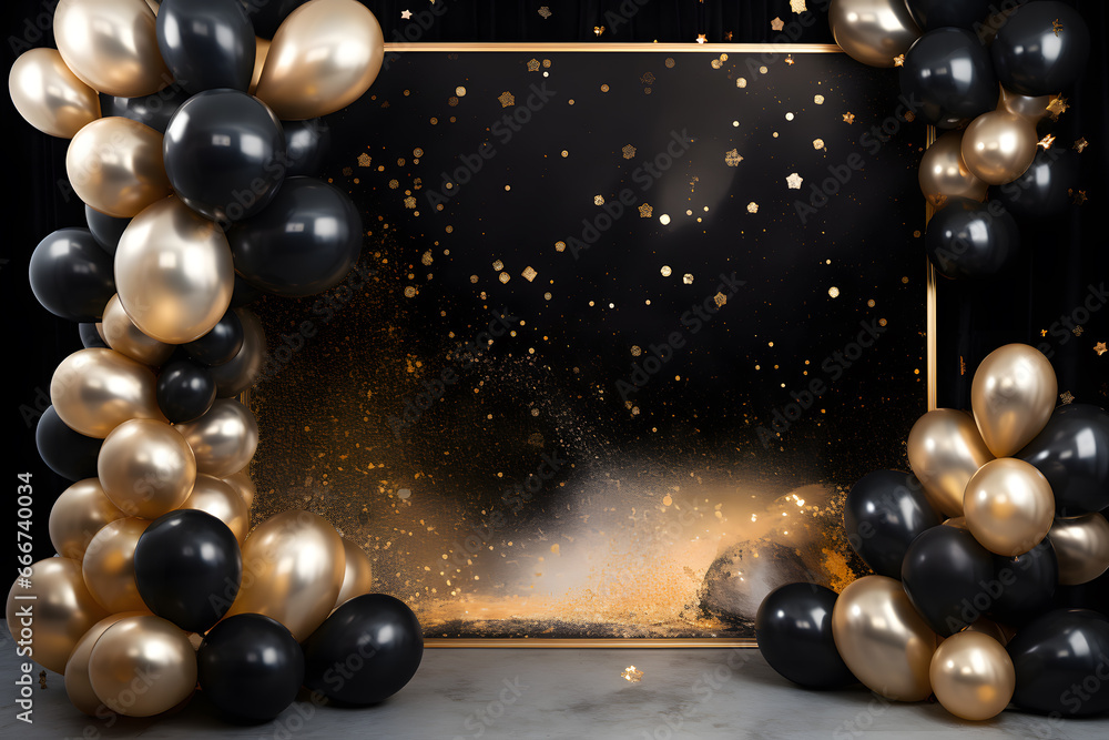 Naklejka premium Golden frame with gold and black balloons with sparkles on black background