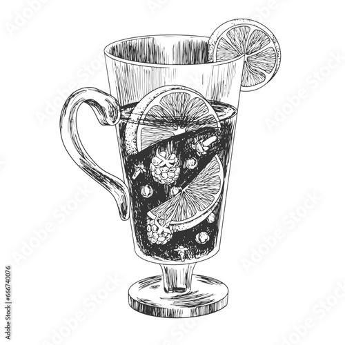 Mulled wine glass with orange, cinnamon, cloves and raspberries. Mulled wine sketch. Engraving style illustration. Winter warm drink with spices. Christmas alcohol.