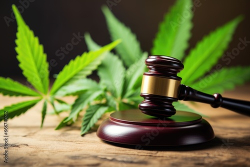 A judge's gavel next to a marijuana plant. Legalization of marijuana concept.
