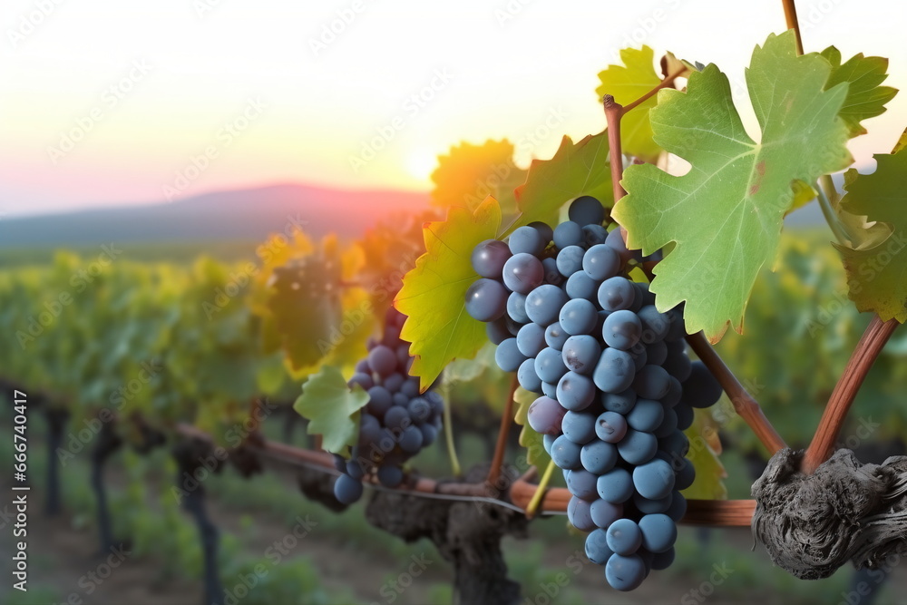 Fototapeta premium Vineyard at Sunset: Grapevines Bathed in the Warm Glow of the Setting Sun