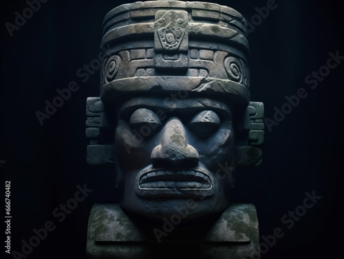 olmec stone head, gloomy, dark, scary, realistic style, jungle, Olmec civilization photo