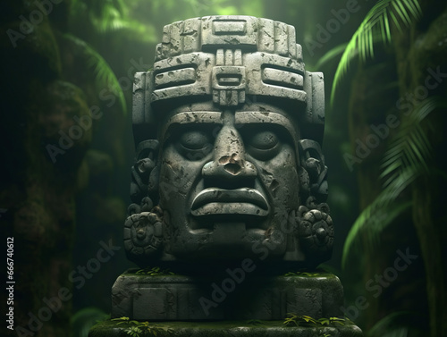 olmec stone head, gloomy, dark, scary, realistic style, jungle, Olmec civilization photo