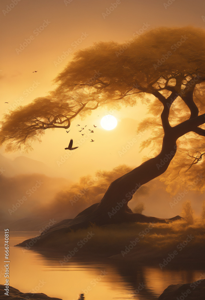 Tree & Bird peaceful scenery at dawn soft gold tones