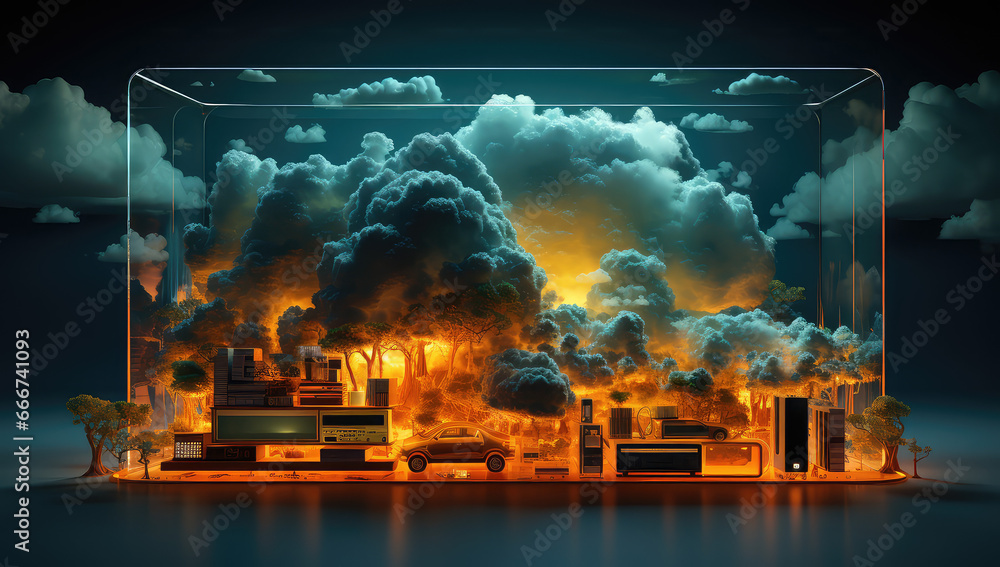 widok sztuki komputerowej plonacego budynku i ciemnych chmur, o ogniu i ciemnosci