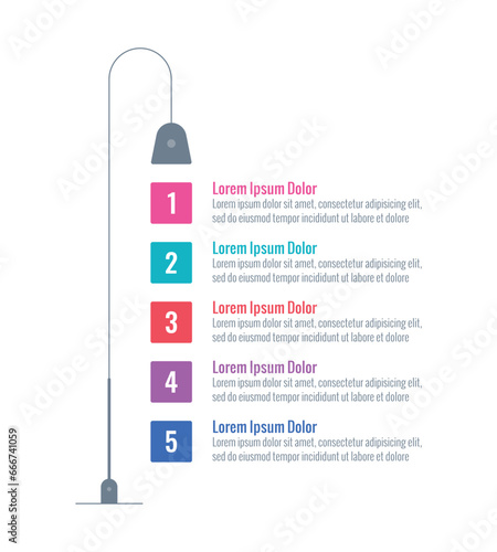 five options under street lamp round infographic template. internet, web, magazine, annual report information template. floor lamp themed infographic template
