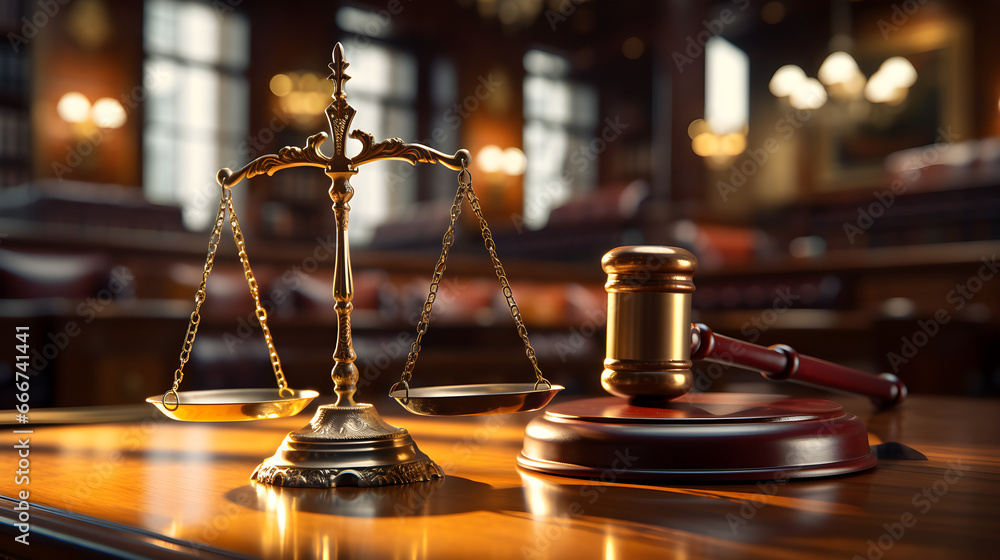 Legal verdict, Gavel and scales of justice on lawyer's desk in court hall, symbolizing law and justice under the afternoon light - obrazy, fototapety, plakaty 