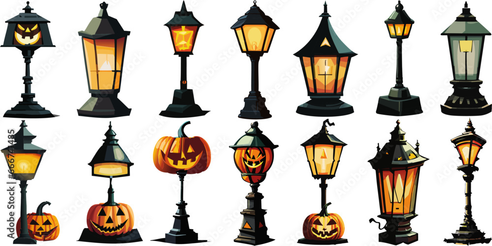 Conjunto de farolas para la noche de Halloween con fondo transparente 01 Conjunto de farolas para la noche de Halloween con fondo transparente 01