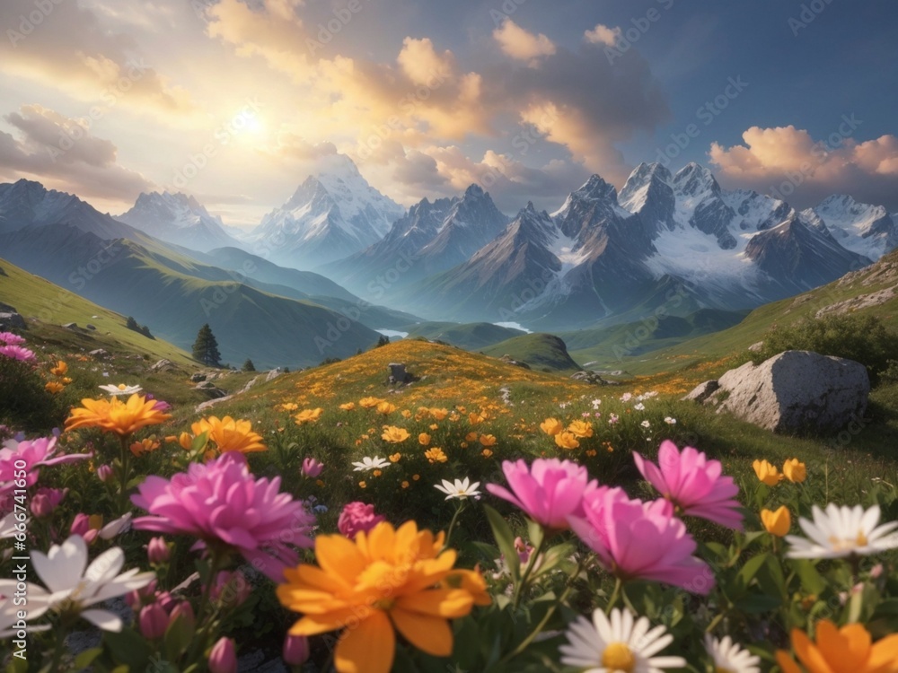 Fototapeta premium meadow with flowers and mountains