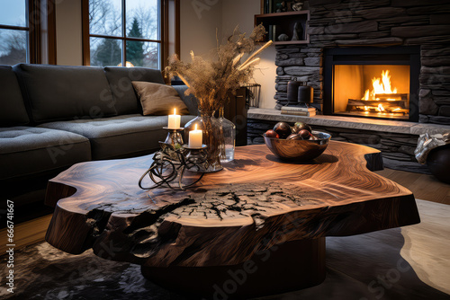 Obraz przedstawiający ładny gruby stół drewniany w salonie klimatycznym przy swiecach