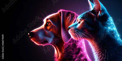 Cat and dog poster in profile in neon colors isolated on black  background