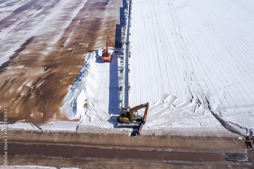 Aerial drone view of Salt production in the evaporators of sea salt in