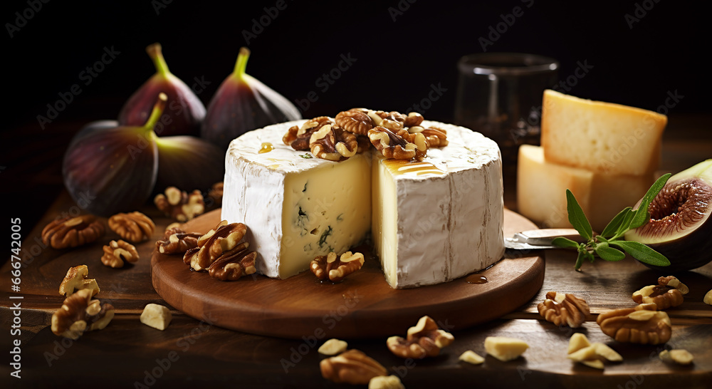 Camembert cheese with figs, walnuts on wooden cutting board. Selective focus. Close-up. Generative AI