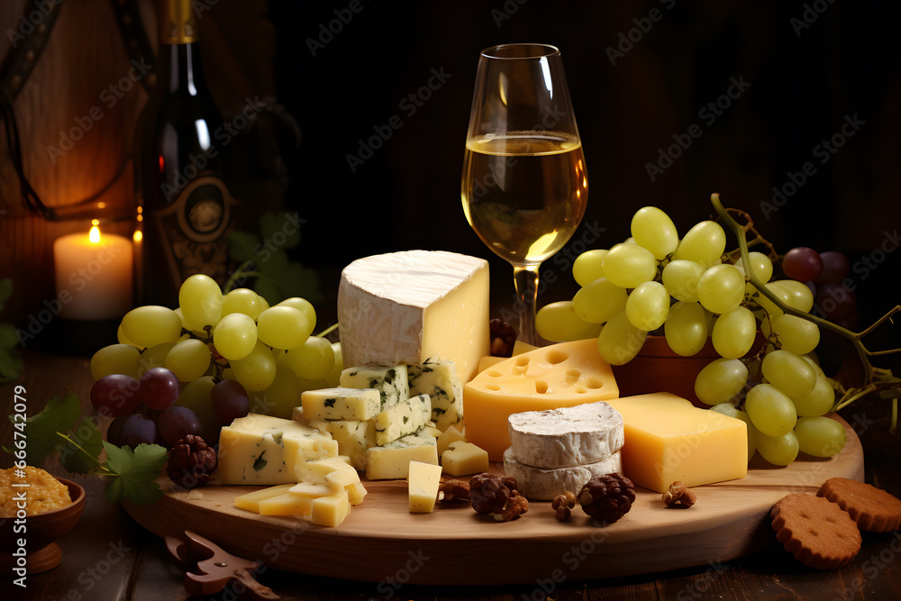 Plate of cheese and wine background