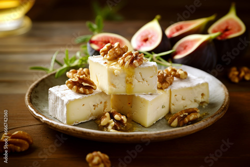 Camembert cheese with figs, honey, walnuts, rosemary on ceramic plate on wooden table. Selective focus. Close-up. Generative AI