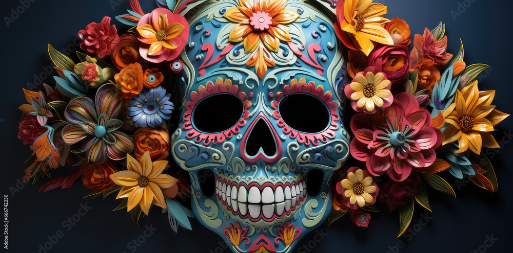 Meksykańska czaszka pokryta kwiatami i kolorowymi ornamentami. Sugar skull. Meksykańska czaszka pokryta kwiatami i kolorowymi ornamentami. Sugar skull.