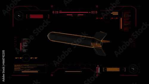 Digital Blueprint Scan of Modern Atomic Bomb. Futuristic User interface HUD. Interface and Data Display. Technological Info graphic 360 View 