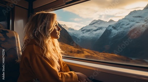 Viewing the autumn mountains from a train window, a female travel blogger and inspired adventurer is captured in a cinematic and symmetrical shot.