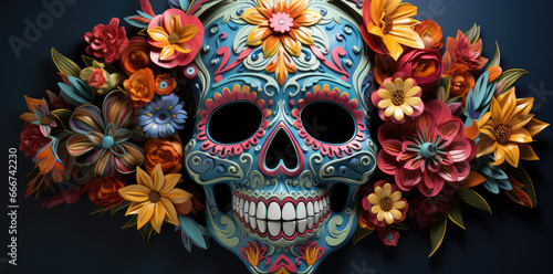 Meksykańska czaszka pokryta kwiatami i kolorowymi ornamentami. Sugar skull. 