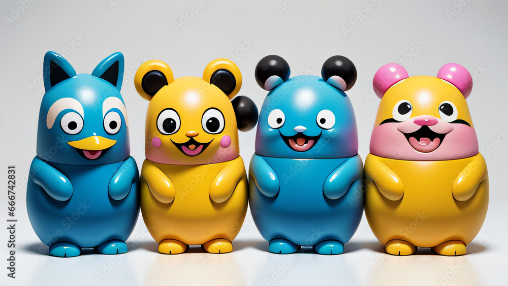 Lustige bunte fiktive Spielfiguren für Kinder freigestellt einfarbiger Hintergrund Spaß und Fantasie Spielwaren Lustige bunte fiktive Spielfiguren für Kinder freigestellt einfarbiger Hintergrund Spaß und Fantasie Spielwaren