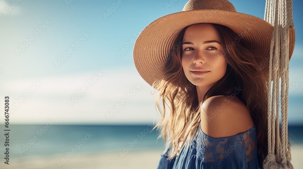 This outdoor lifestyle fashion portrait features an attractive young girl enjoying herself on a swing on the tropical island, with the sea in the background. She is wearing a sophisticated