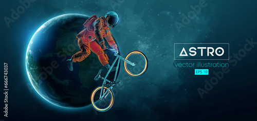 Abstract silhouette of a bmx rider, astronaut is riding on sport bicycle in space action and Earth, Mars, planets on the background of the space. Cycling sport transport. Vector illustration