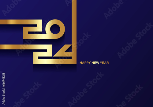 golden 2024 Happy New Year card with premium foil gradient texture lines, dark background. Festive luxury design for holiday card, invitation, calendar poster. 2024 New Year gold text on blue