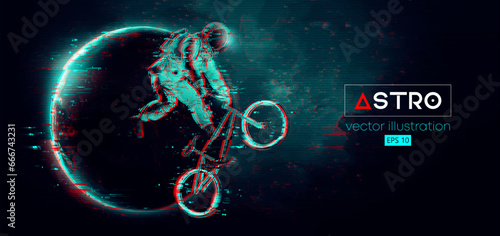 Abstract silhouette of a bmx rider, astronaut is riding on sport bicycle in space action and Earth, Mars, planets on the background of the space. Cycling sport transport. Vector illustration