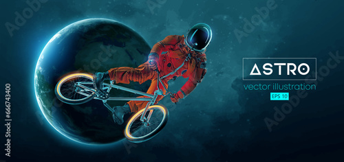 Abstract silhouette of a bmx rider, astronaut is riding on sport bicycle in space action and Earth, Mars, planets on the background of the space. Cycling sport transport. Vector illustration