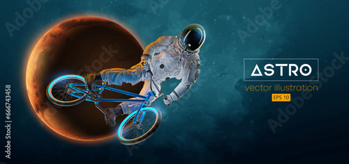 Abstract silhouette of a bmx rider, astronaut is riding on sport bicycle in space action and Earth, Mars, planets on the background of the space. Cycling sport transport. Vector illustration