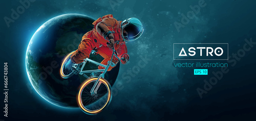 Abstract silhouette of a bmx rider, astronaut is riding on sport bicycle in space action and Earth, Mars, planets on the background of the space. Cycling sport transport. Vector illustration