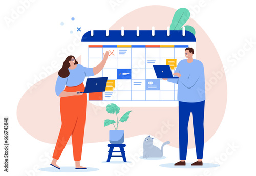 People calendar planning - Project manager and colleague making plan for business project schedule and progress over time. Flat design cartoon vector illustration with white background