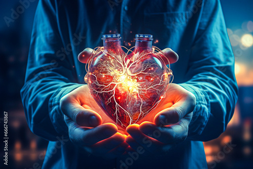 Personne tenant un coeur vivant lumineux dans ses mains, concept du don d'organe photo