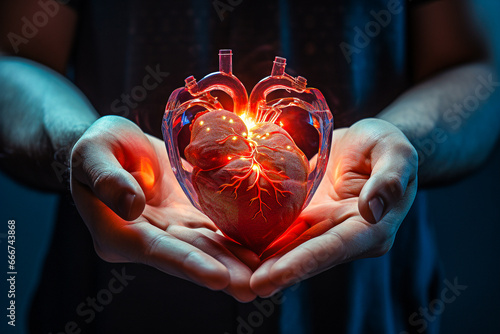 Personne tenant un coeur vivant lumineux dans ses mains, concept du don d'organe photo