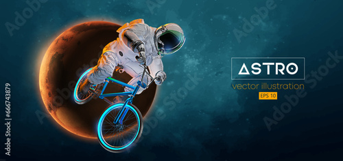 Abstract silhouette of a bmx rider, astronaut is riding on sport bicycle in space action and Earth, Mars, planets on the background of the space. Cycling sport transport. Vector illustration