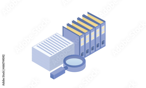 Business concept, a stack of working papers and folders with documentation and a magnifying glass lies next to it.on white background.3D design.isometric vector design Illustration.