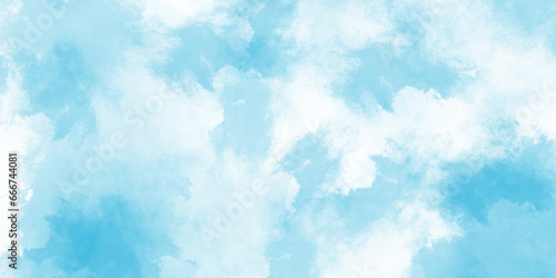 Hand painted abstract Panorama of blue sky with a light background with white clouds light sky blue shades watercolor art Romantic sky. Abstract nature background of romantic summer blue.