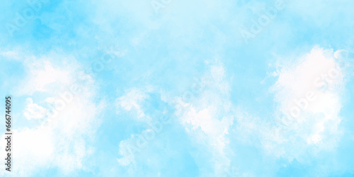 Hand painted abstract Panorama of blue sky with a light background with white clouds light sky blue shades watercolor art Romantic sky. Abstract nature background of romantic summer blue.