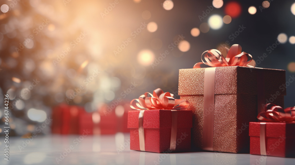 golden shiny gift boxes with red bow, an gorgeous warm lights bokeh of a christmas tree in the background