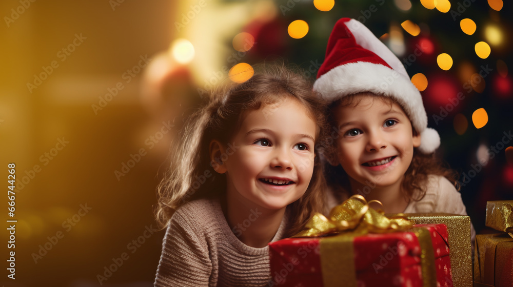 christmas magic - childs and christmas gifts, the girl sbeaming happily, with festive bokeh of an illuminated Christmas tree in the background christmas magic - childs and christmas gifts, the girl sbeaming happily, with festive bokeh of an illuminated Christmas tree in the background