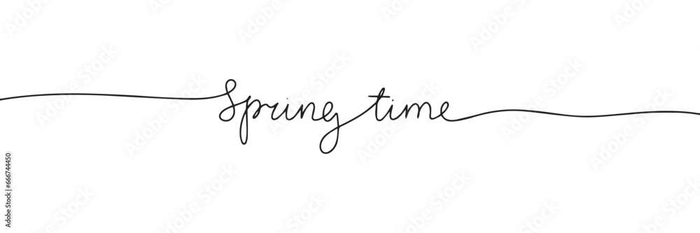 Spring time one line continuous text banner. Handwriting spring text banner. Short phrase about spring. Vector illustration. - obrazy, fototapety, plakaty 