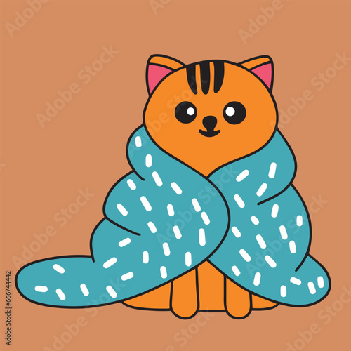 Cute cat with blanket. Kitty in blanket. Hand drawn doodle cat, outline. Vector illustraiton.