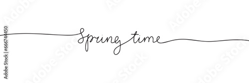 Spring time one line continuous text banner. Handwriting spring text banner. Short phrase about spring. Vector illustration.
