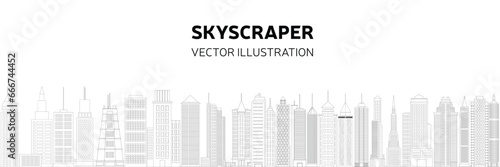 Skyscrapers doodle banner. Long horizontal city banner outline. Vector illustration.