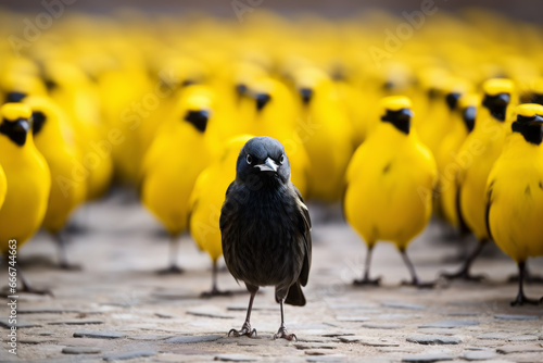 Pájaro negro rodeado por muchos pájaros amarillos. El único entre todos. photo