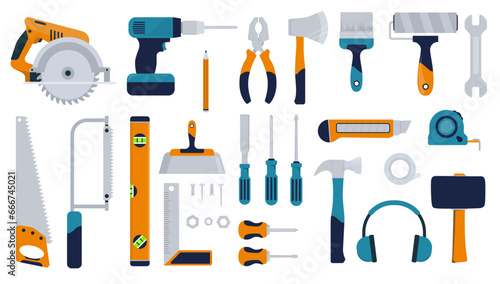 Carpentry and construction tools vector set in blue and yellow colours. Various hammer, saw, pliers, nails, spirit level, paintbrush and more. Flat design collection on white background