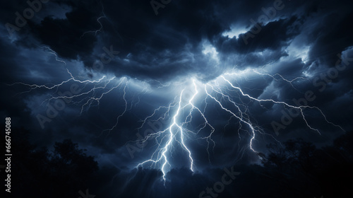 A bolt of lightning illuminated a gloomy sky, signaling a turbulent weather pattern.