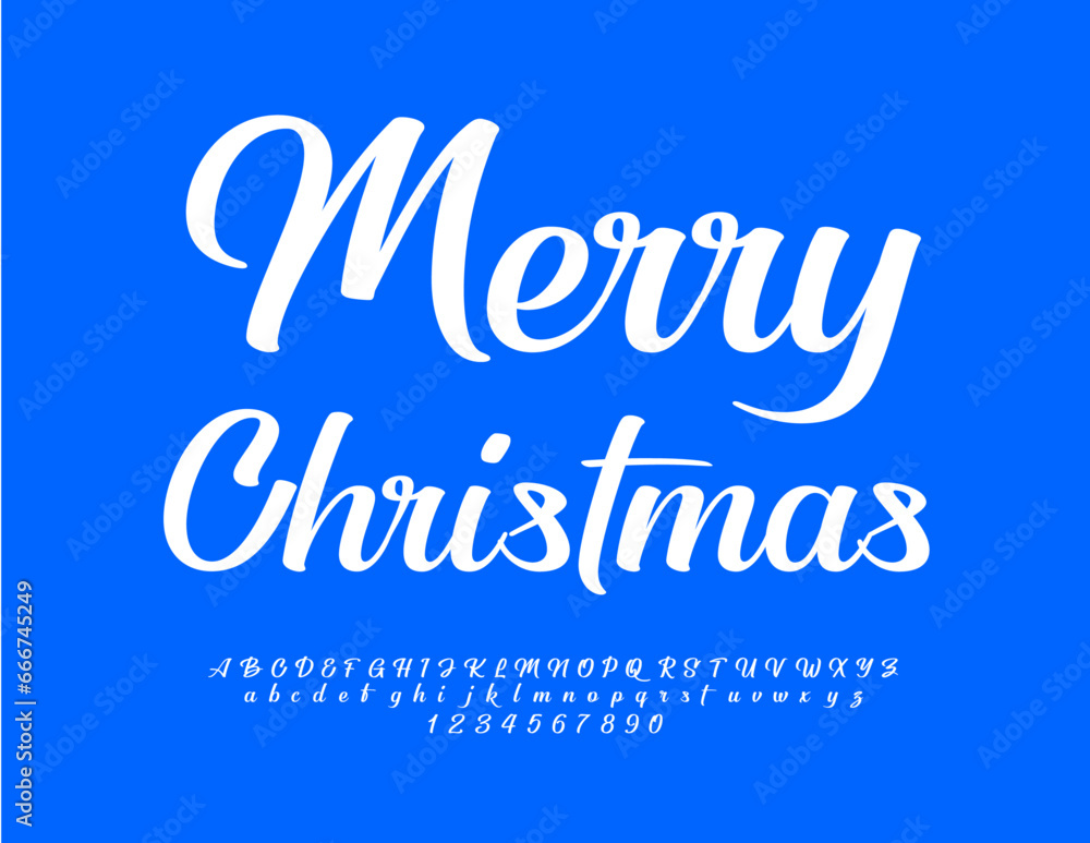 Vector Greeting Card Merry Christmas. White cursive Font. Elegant set of Alphabet Letters and Numbers